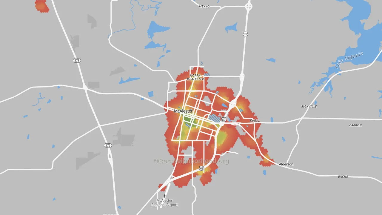 Walk Grade map of McAlester, OK, walkable areas in green and car-dependent areas in red