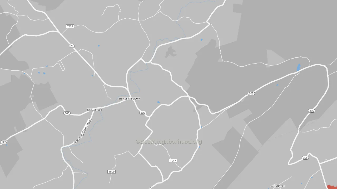 Walk Grade map of McAlevys Fort, PA, walkable areas in green and car-dependent areas in red