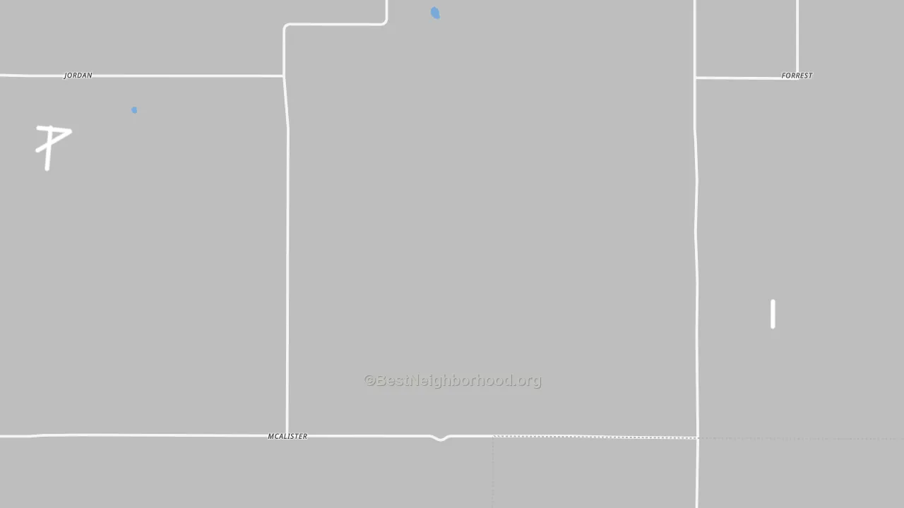 Walk Grade map of McAlister, NM, walkable areas in green and car-dependent areas in red