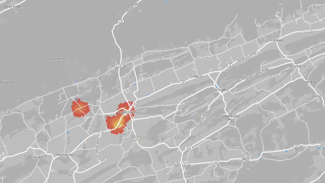 Walk Grade map of McAlisterville, PA, walkable areas in green and car-dependent areas in red