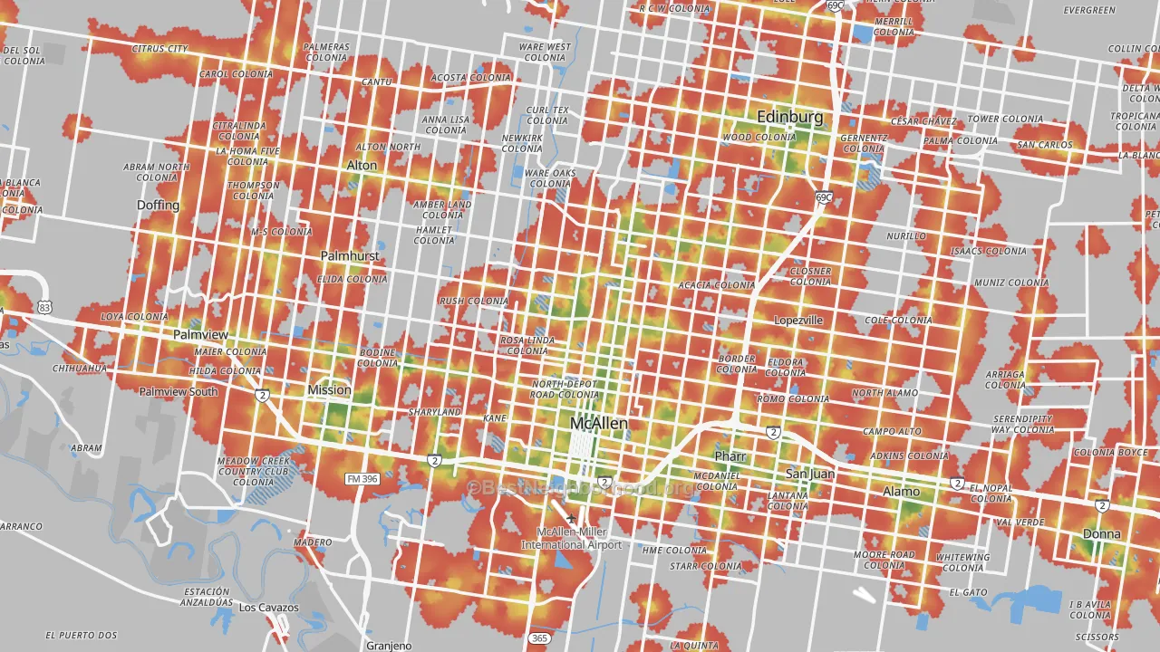 Walk Grade map of McAllen, TX, walkable areas in green and car-dependent areas in red