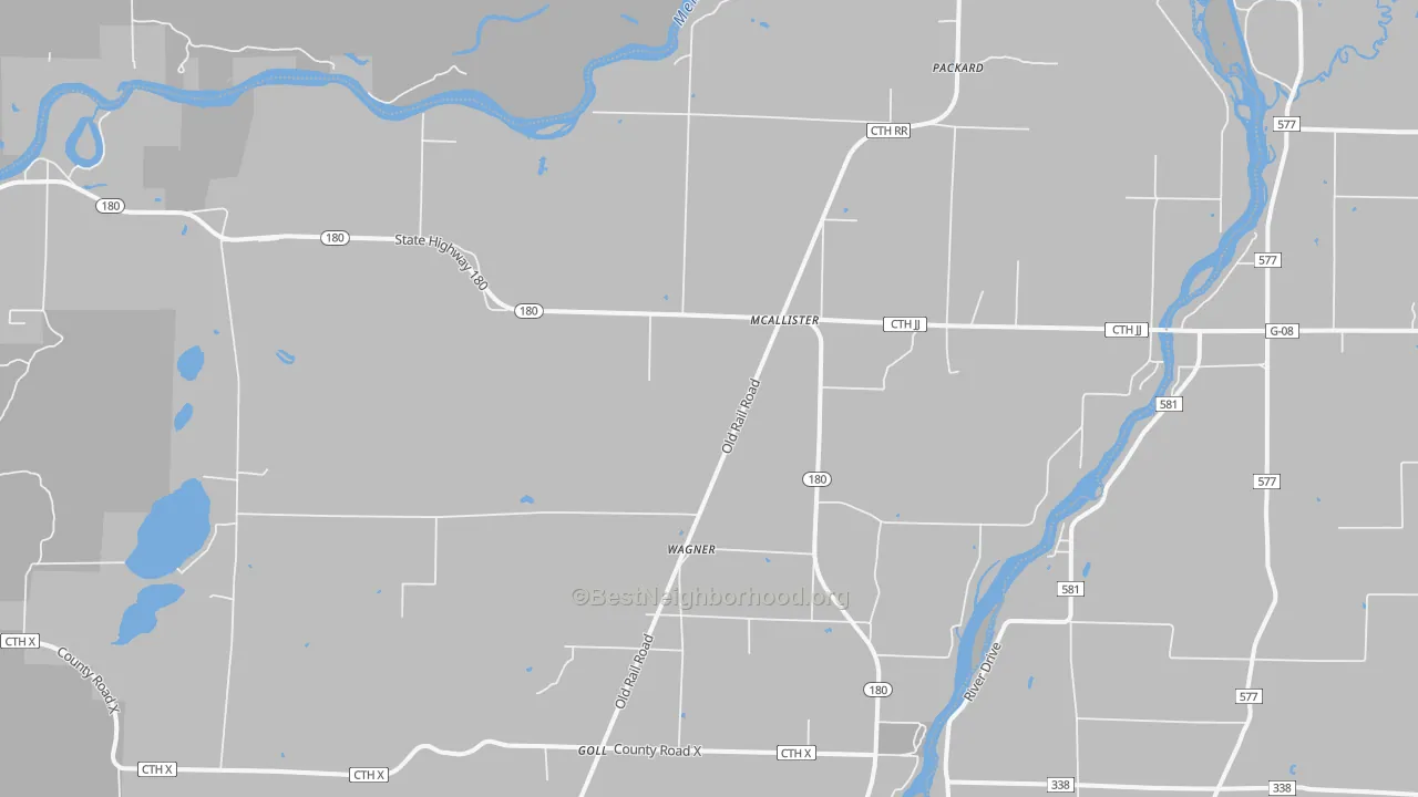 Walk Grade map of McAllister, WI, walkable areas in green and car-dependent areas in red