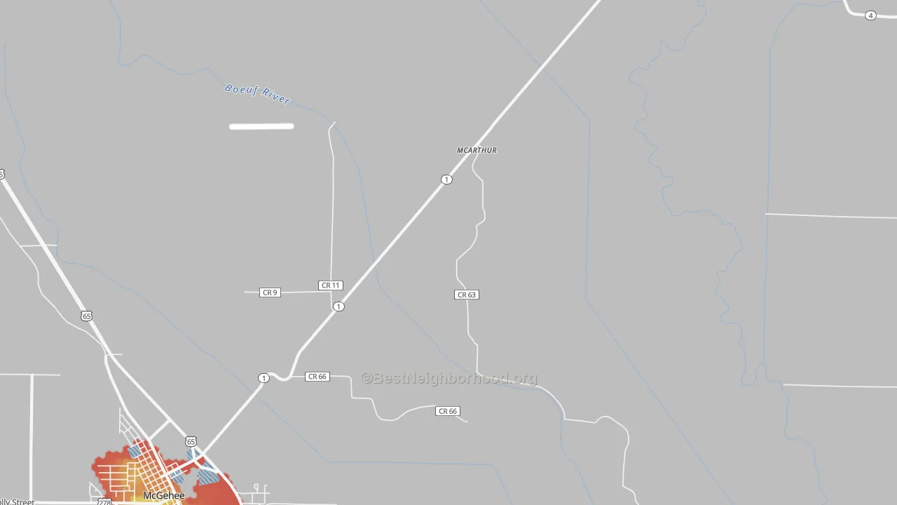 Walk Grade map of McArthur, AR, walkable areas in green and car-dependent areas in red