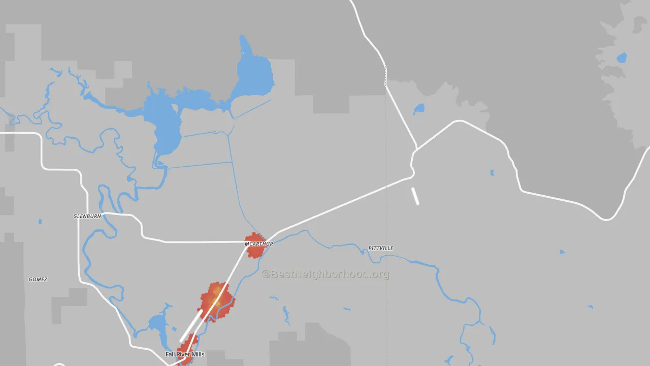 Walk Grade map of Mcarthur, CA, walkable areas in green and car-dependent areas in red