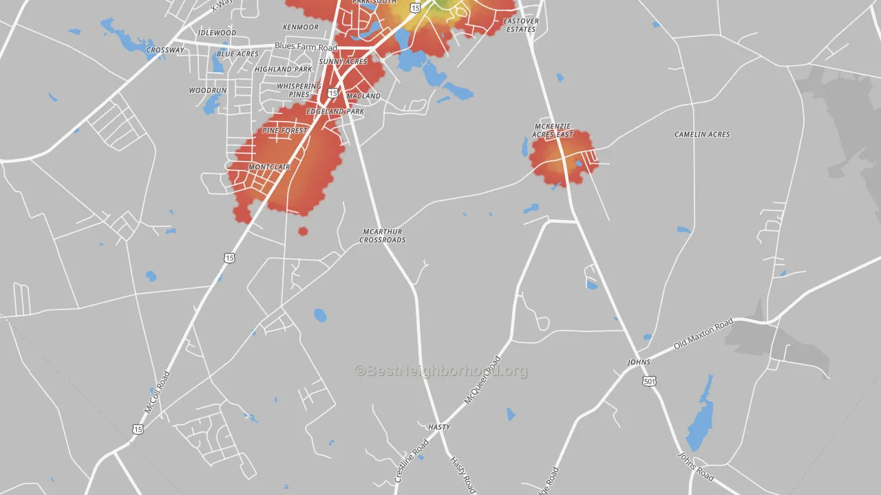 Walk Grade map of McArthur Crossroads, NC, walkable areas in green and car-dependent areas in red