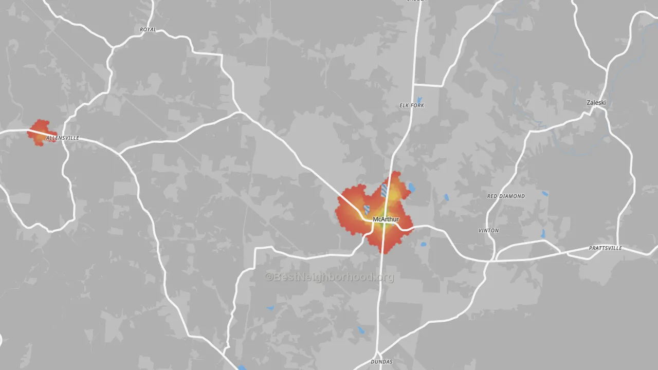 Walk Grade map of McArthur, OH, walkable areas in green and car-dependent areas in red