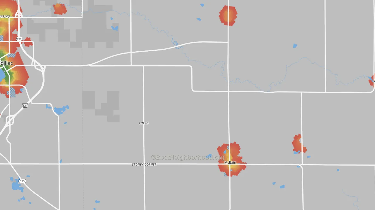 Walk Grade map of McBain, MI, walkable areas in green and car-dependent areas in red