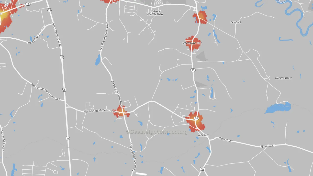 Walk Grade map of McBean, GA, walkable areas in green and car-dependent areas in red
