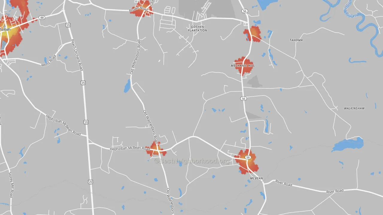 Walk Grade map of Mcbean, Hephzibah, GA, walkable areas in green and car-dependent areas in red