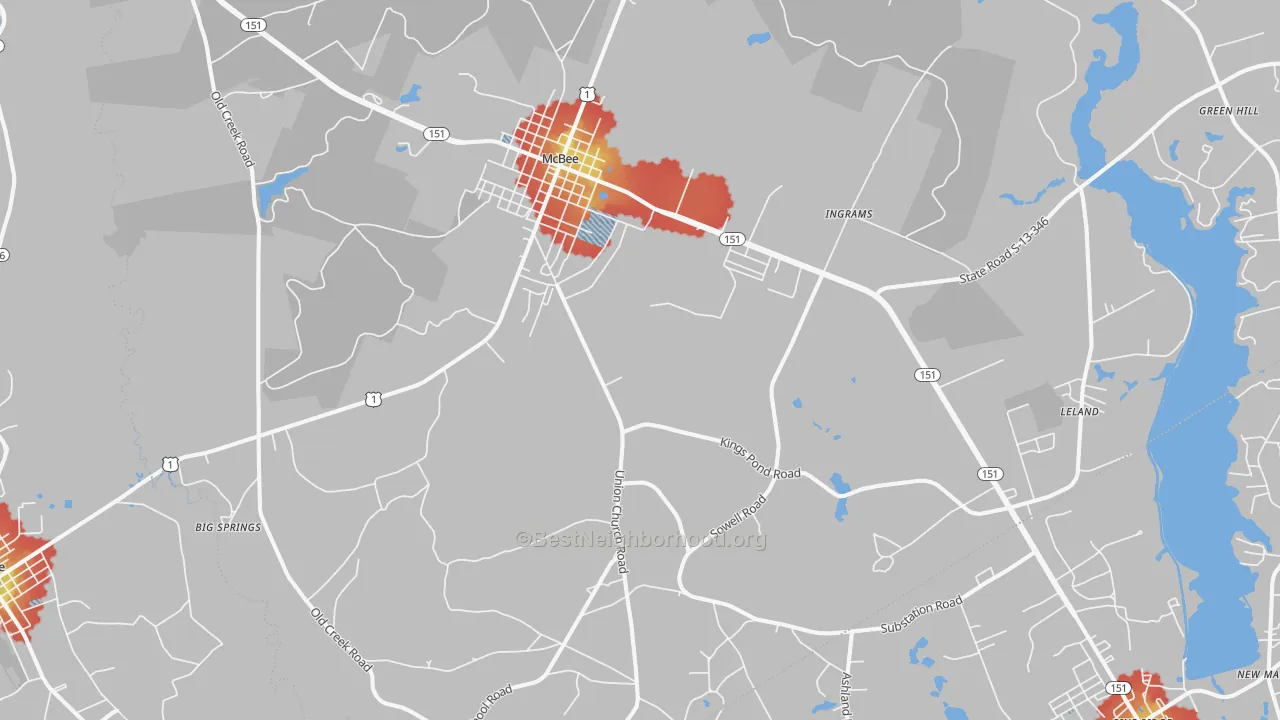 Walk Grade map of McBee, SC, walkable areas in green and car-dependent areas in red