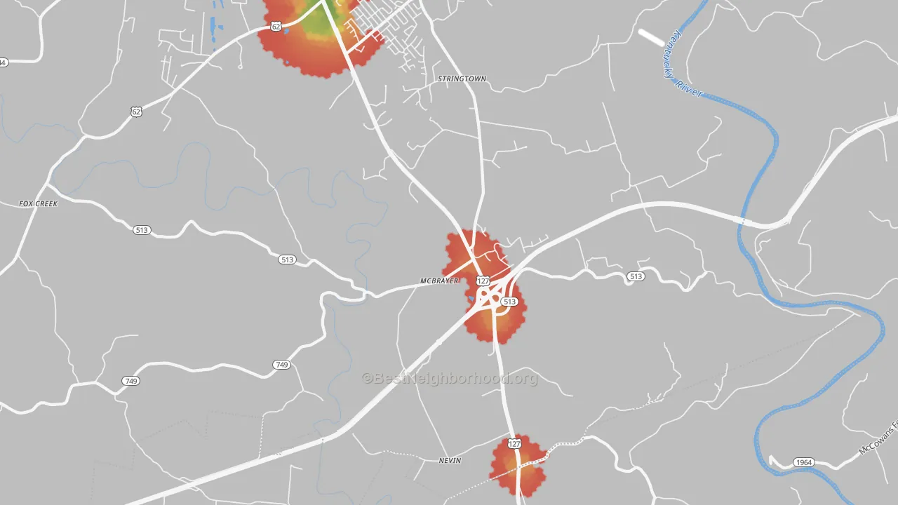 Walk Grade map of McBrayer, KY, walkable areas in green and car-dependent areas in red