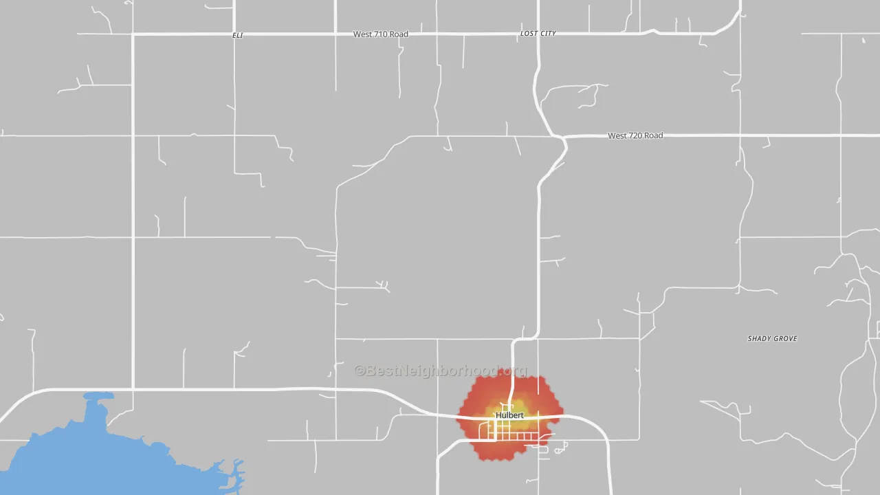 Walk Grade map of McBride, OK, walkable areas in green and car-dependent areas in red
