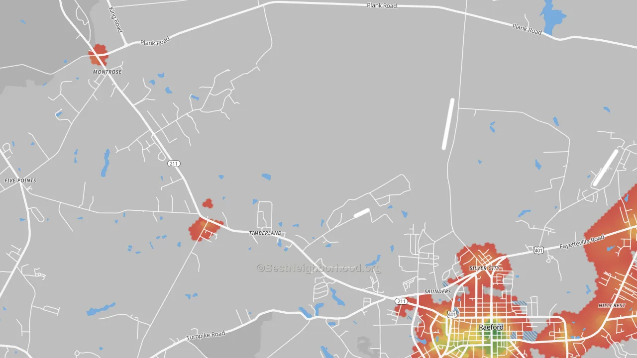 Walk Grade map of Mccain, NC, walkable areas in green and car-dependent areas in red