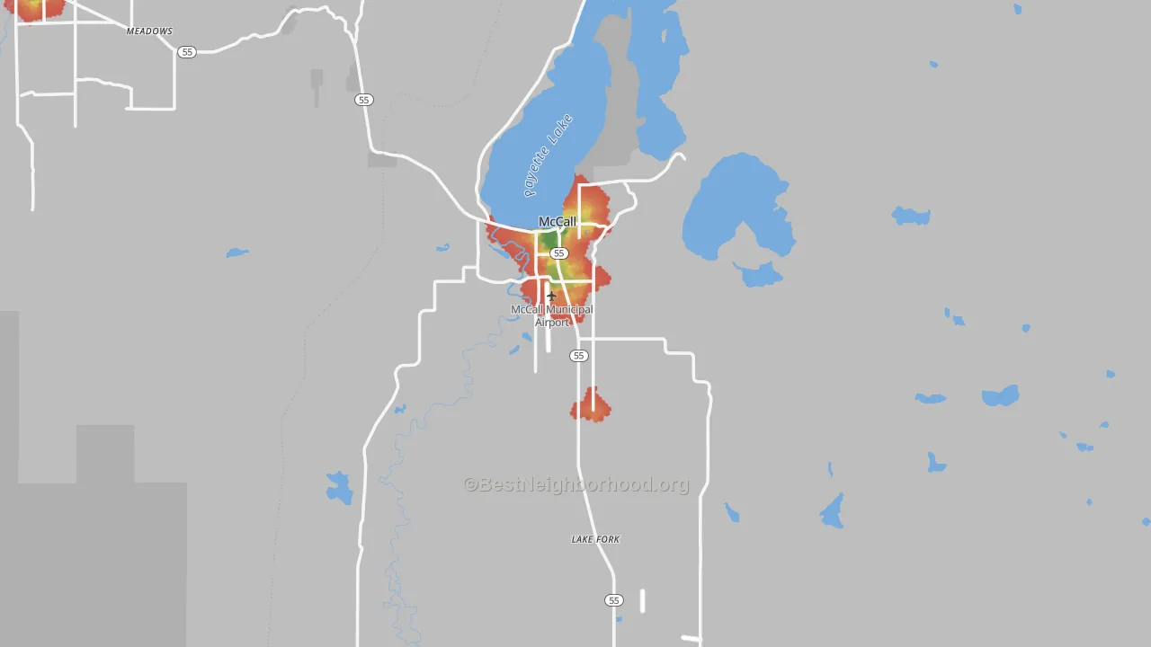 Walk Grade map of McCall, ID, walkable areas in green and car-dependent areas in red