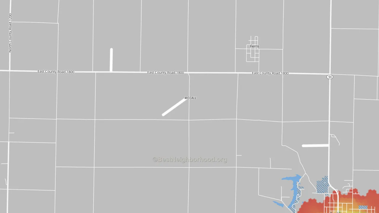 Walk Grade map of McCall, IL, walkable areas in green and car-dependent areas in red