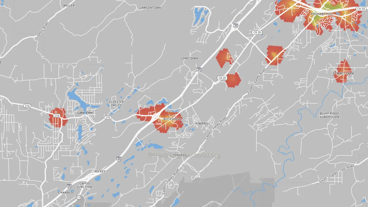 Walk Grade map of Mccalla, AL, walkable areas in green and car-dependent areas in red