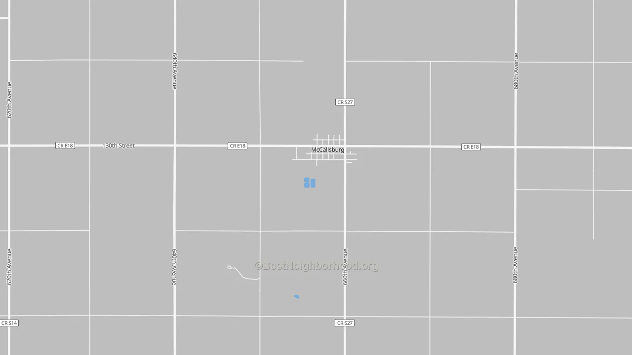 Walk Grade map of McCallsburg, IA, walkable areas in green and car-dependent areas in red