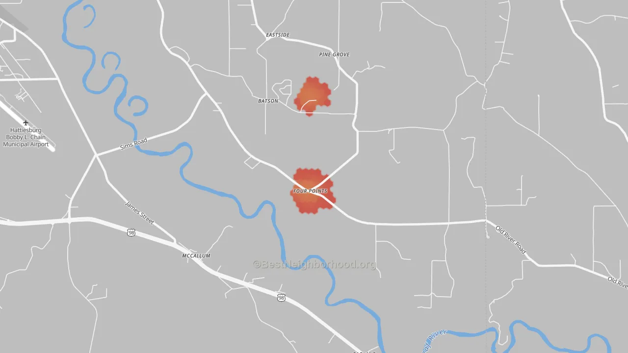 Walk Grade map of McCallum, MS, walkable areas in green and car-dependent areas in red