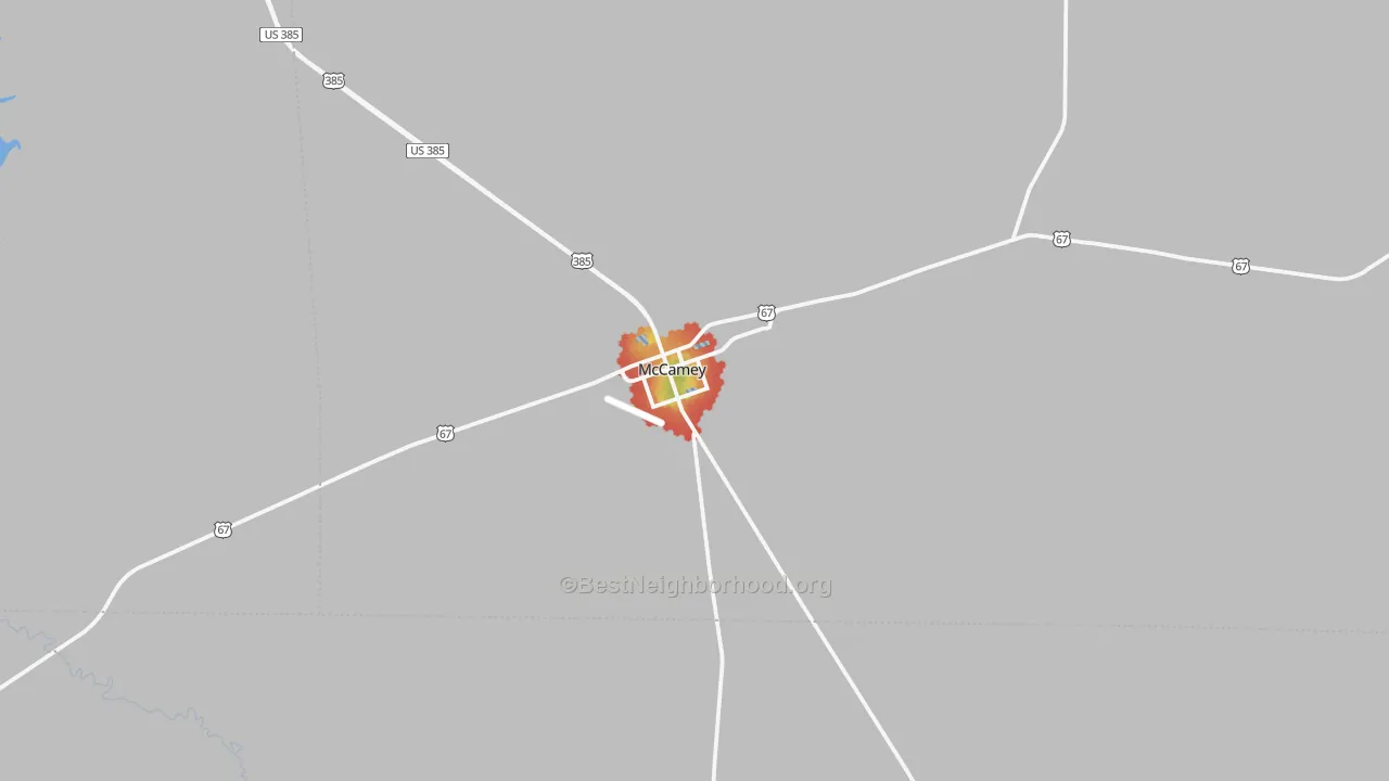Walk Grade map of McCamey, TX, walkable areas in green and car-dependent areas in red