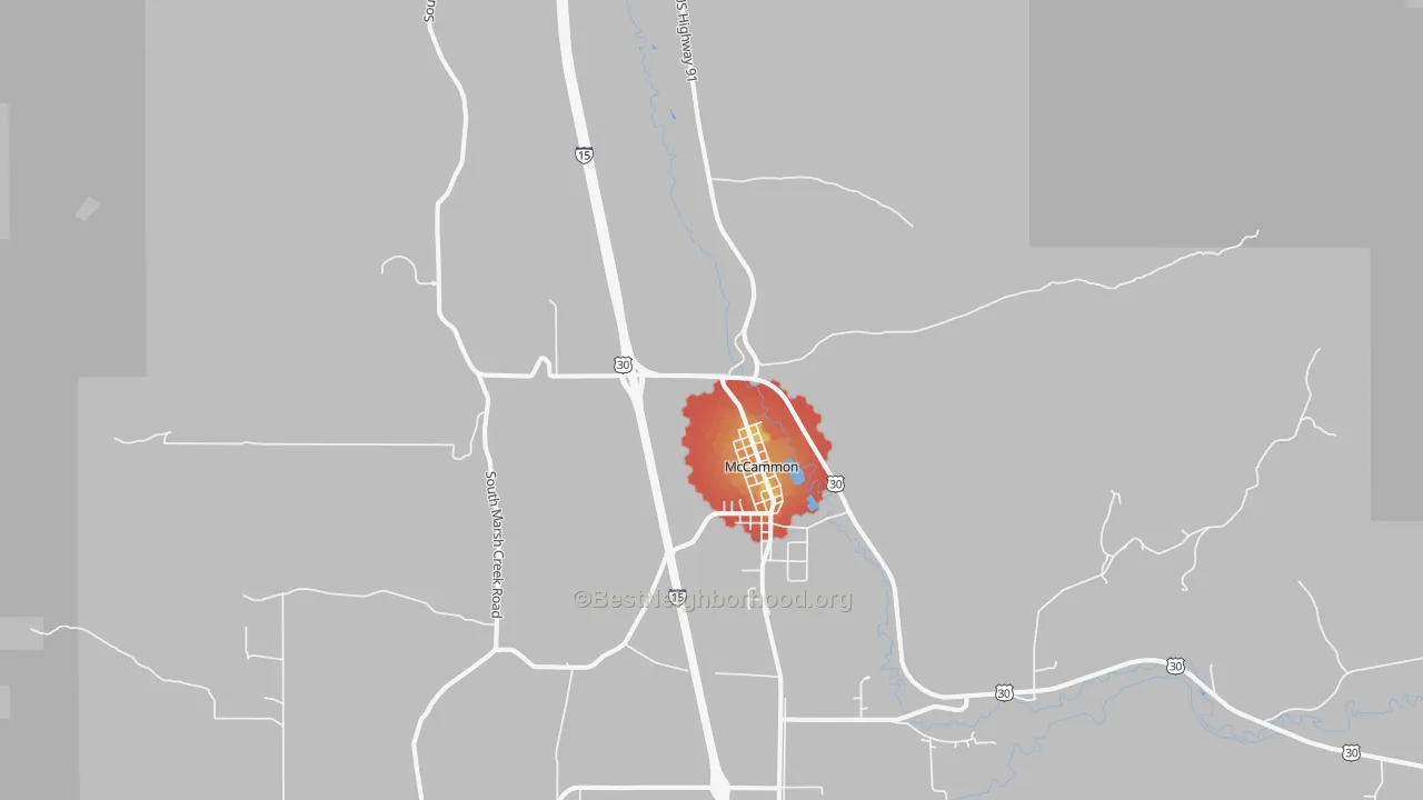Walk Grade map of McCammon, ID, walkable areas in green and car-dependent areas in red