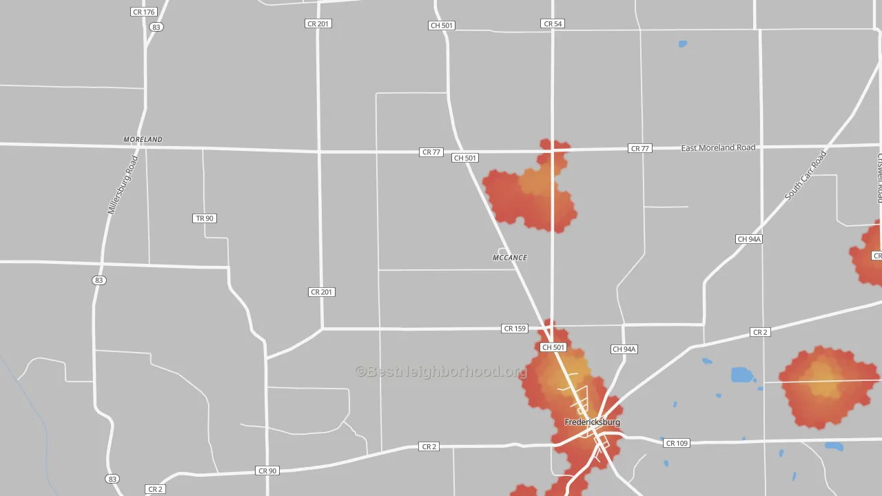 Walk Grade map of McCance, OH, walkable areas in green and car-dependent areas in red