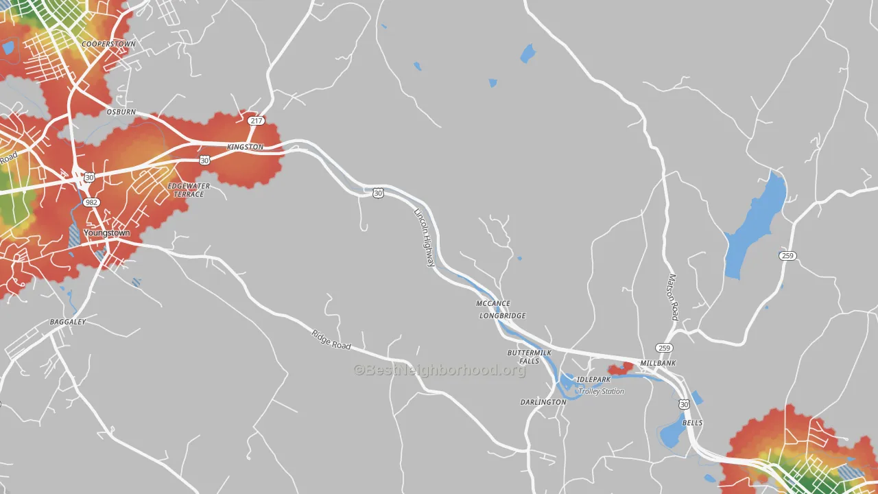 Walk Grade map of McCance, PA, walkable areas in green and car-dependent areas in red