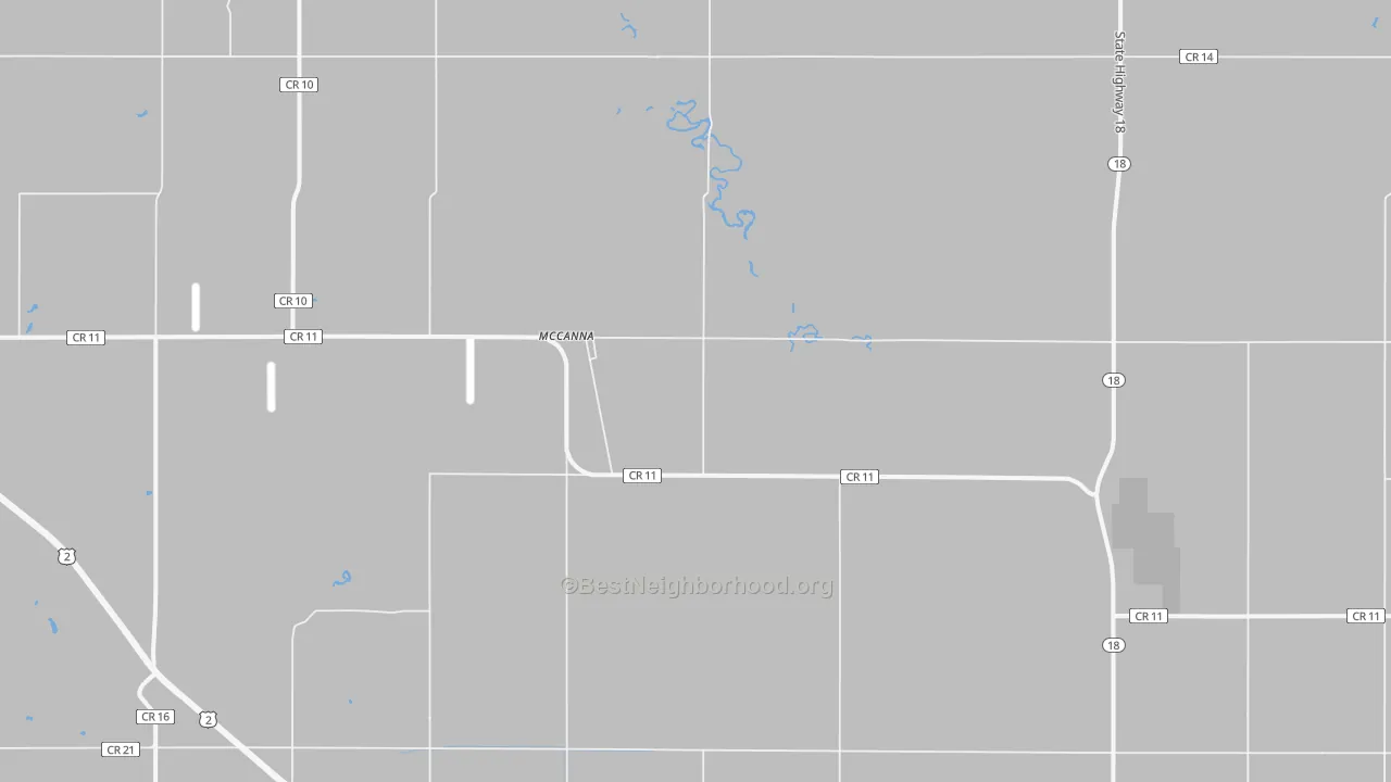 Walk Grade map of McCanna, ND, walkable areas in green and car-dependent areas in red