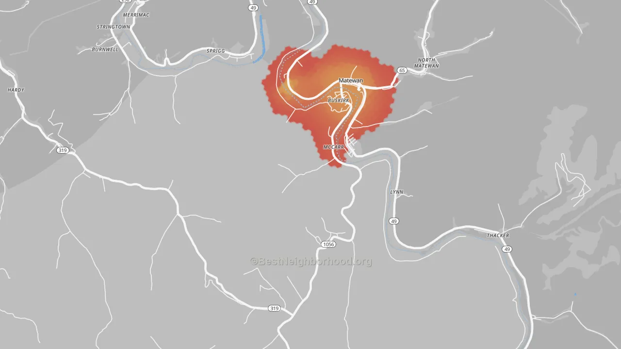 Walk Grade map of McCarr, KY, walkable areas in green and car-dependent areas in red