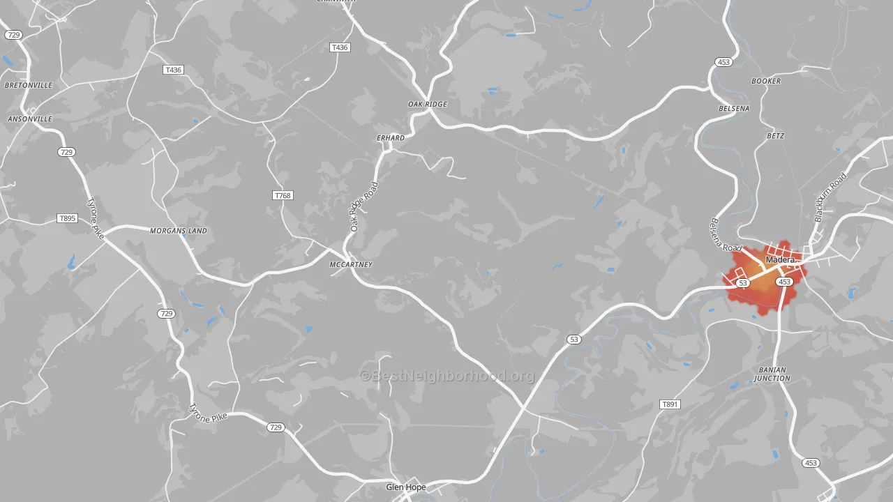 Walk Grade map of McCartney, PA, walkable areas in green and car-dependent areas in red