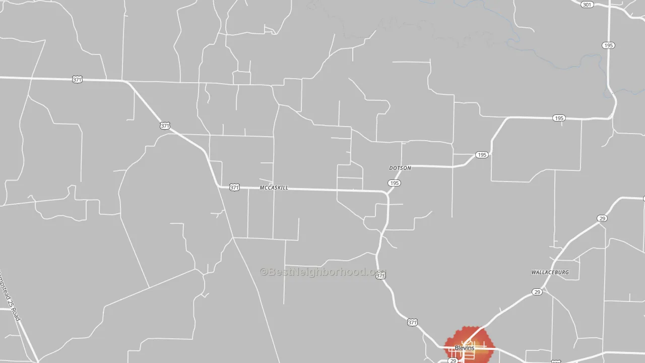 Walk Grade map of McCaskill, AR, walkable areas in green and car-dependent areas in red