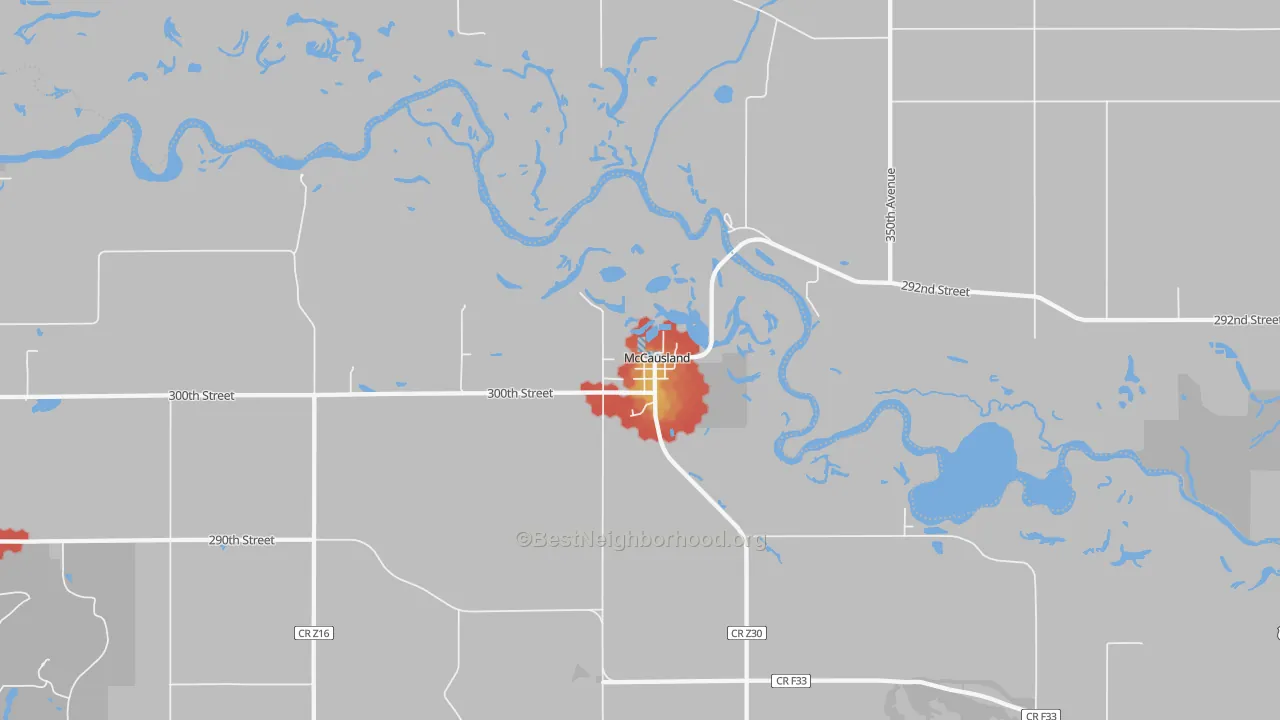 Walk Grade map of McCausland, IA, walkable areas in green and car-dependent areas in red