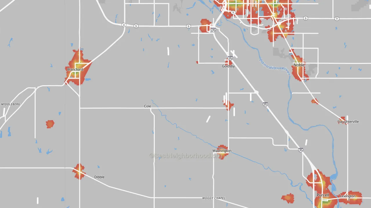 Walk Grade map of McClain County, OK, walkable areas in green and car-dependent areas in red