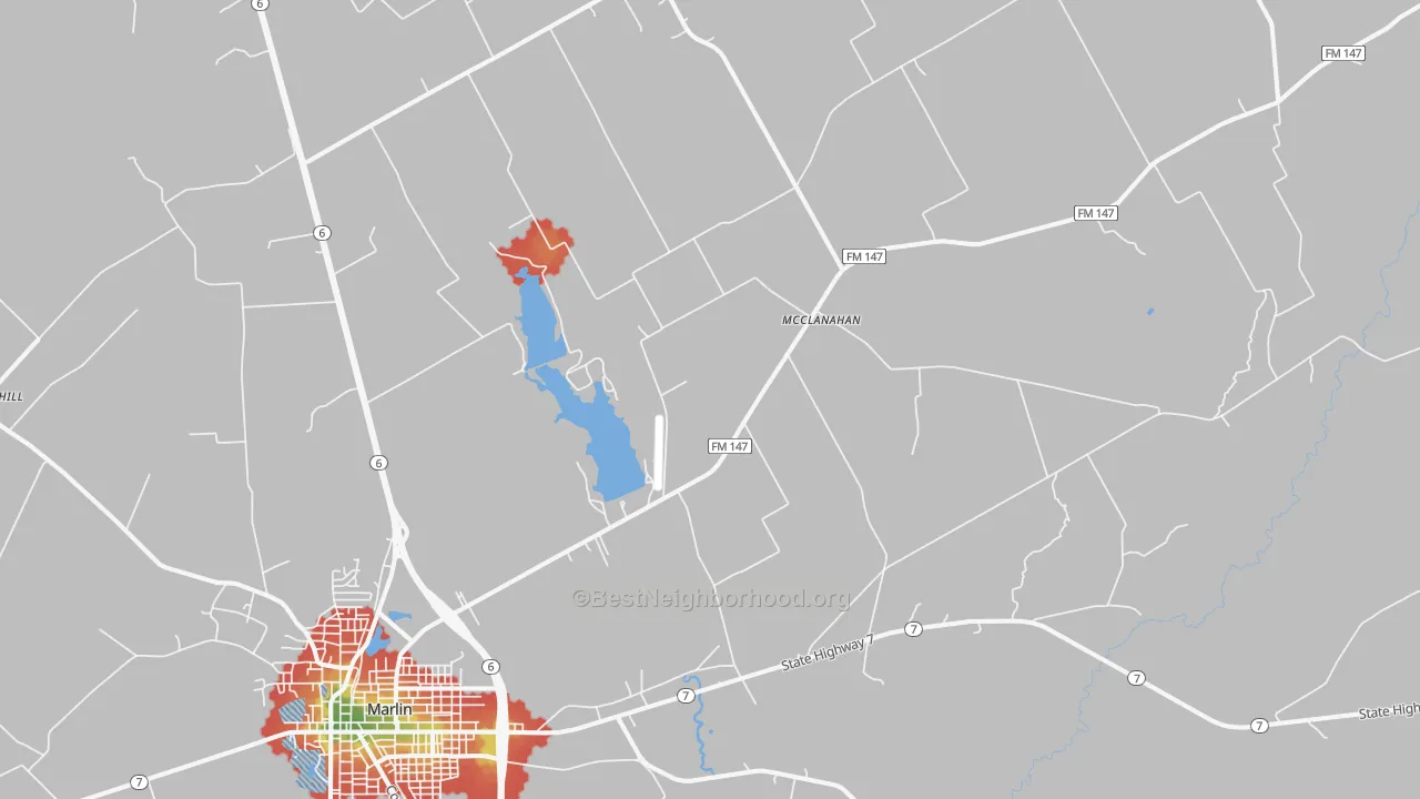 Walk Grade map of McClanahan, TX, walkable areas in green and car-dependent areas in red