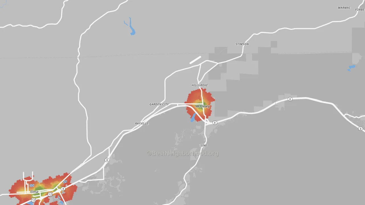 Walk Grade map of Mccleary, WA, walkable areas in green and car-dependent areas in red