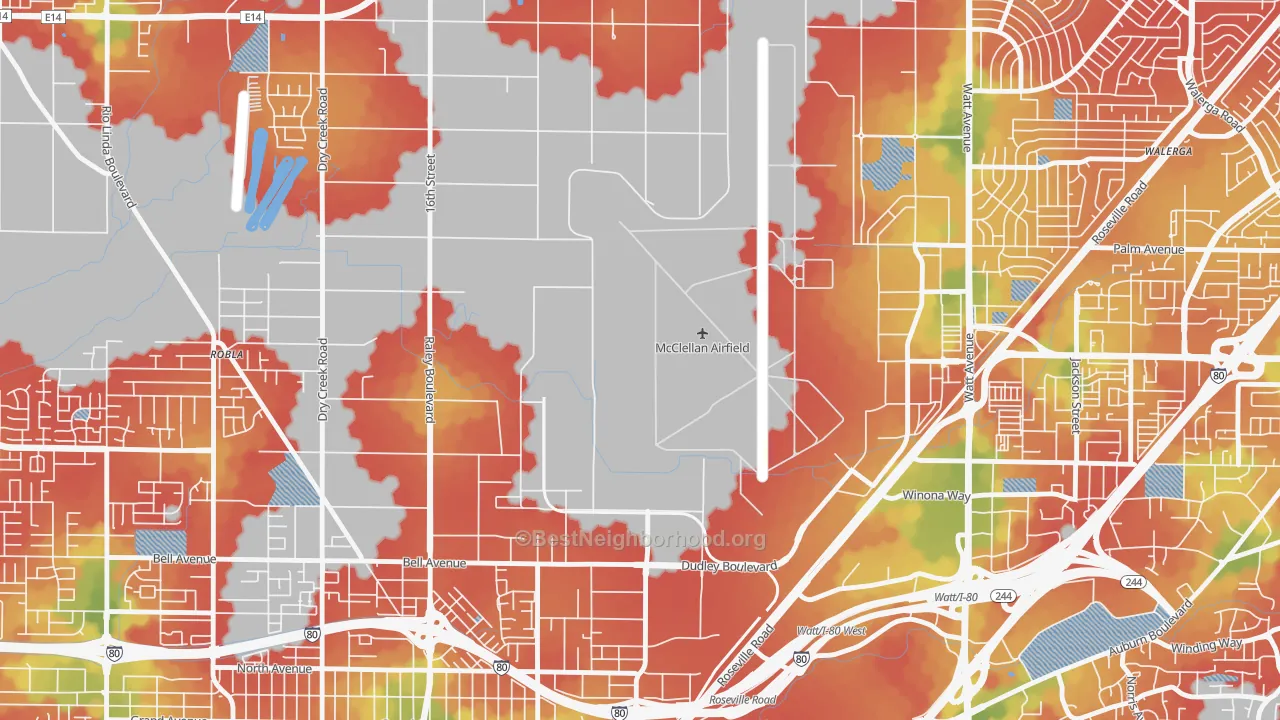 Walk Grade map of McClellan Park, CA, walkable areas in green and car-dependent areas in red