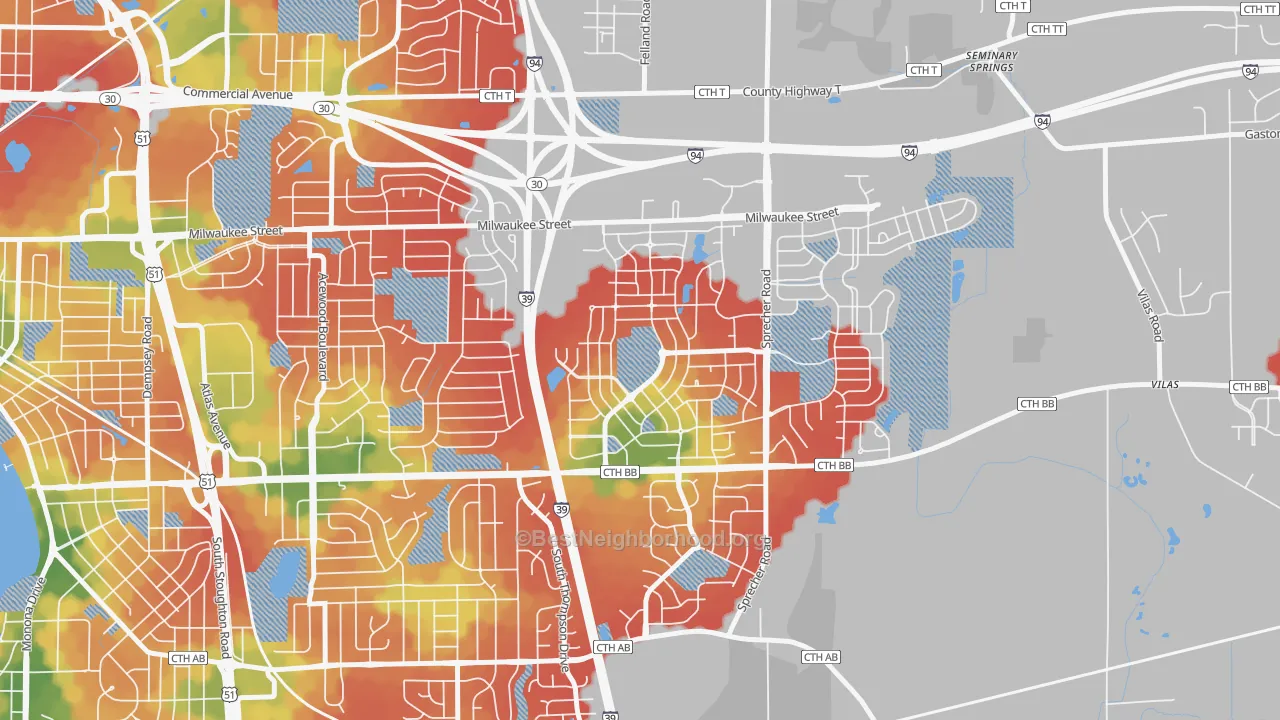 Walk Grade map of McClellan Park, Madison, WI, walkable areas in green and car-dependent areas in red