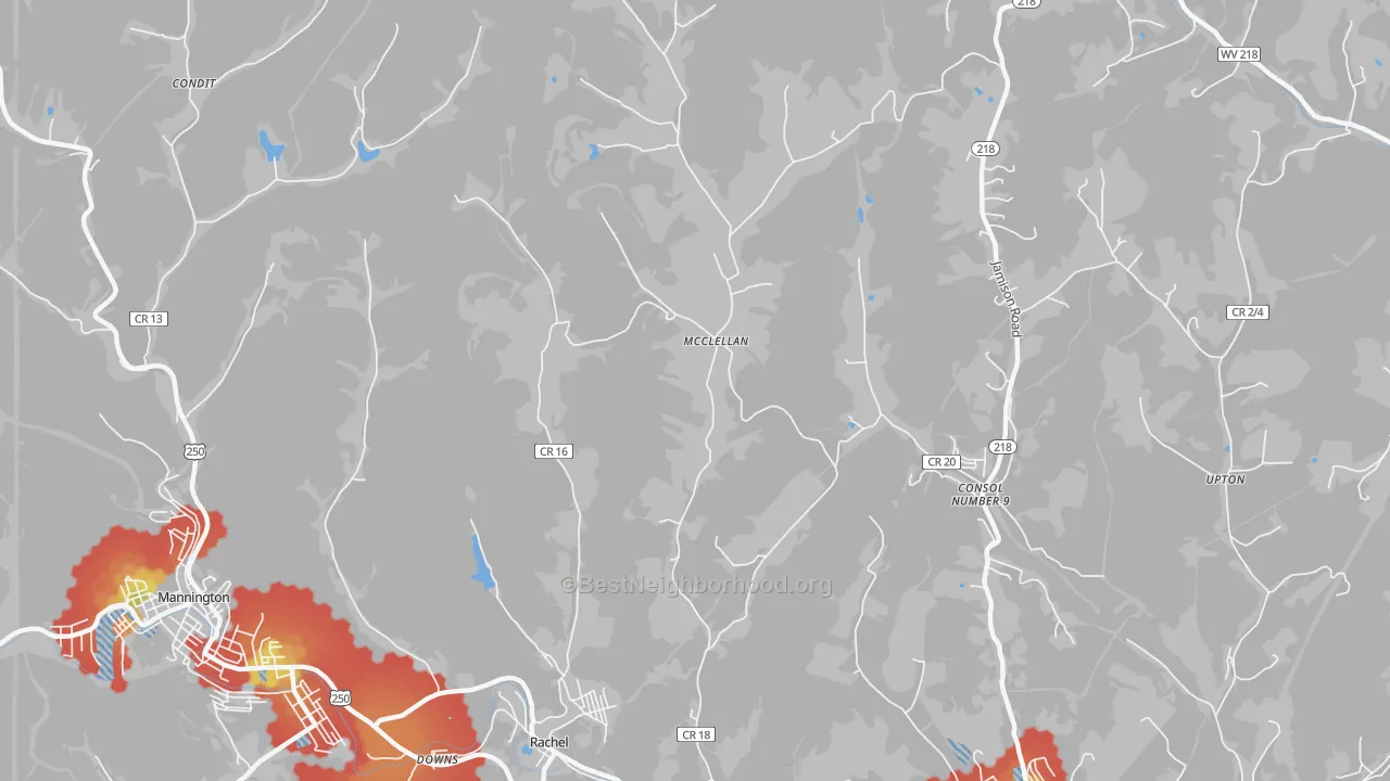 Walk Grade map of McClellan, WV, walkable areas in green and car-dependent areas in red