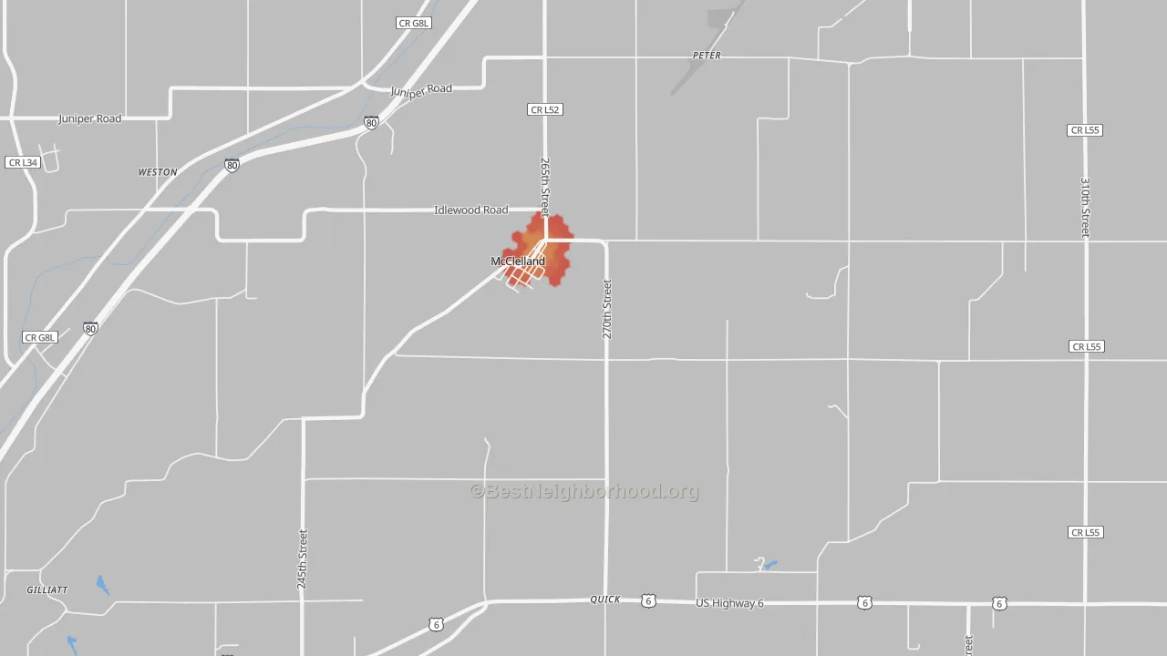 Walk Grade map of McClelland, IA, walkable areas in green and car-dependent areas in red