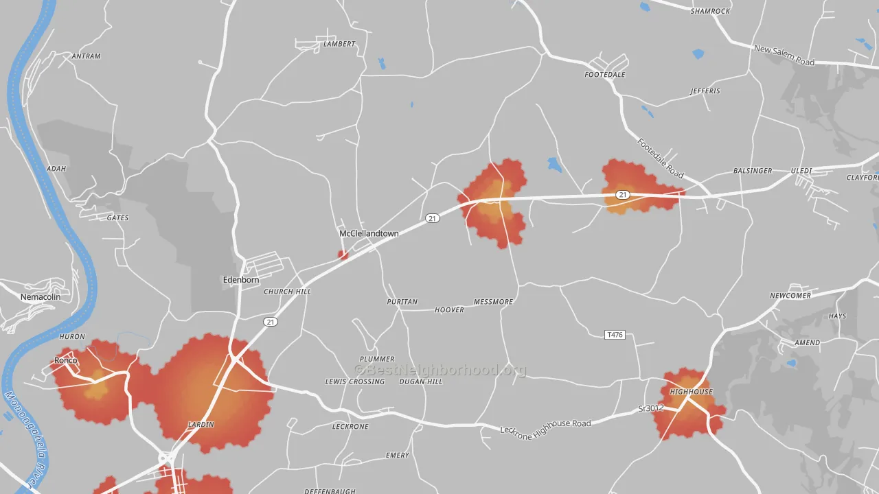 Walk Grade map of McClellandtown, PA, walkable areas in green and car-dependent areas in red