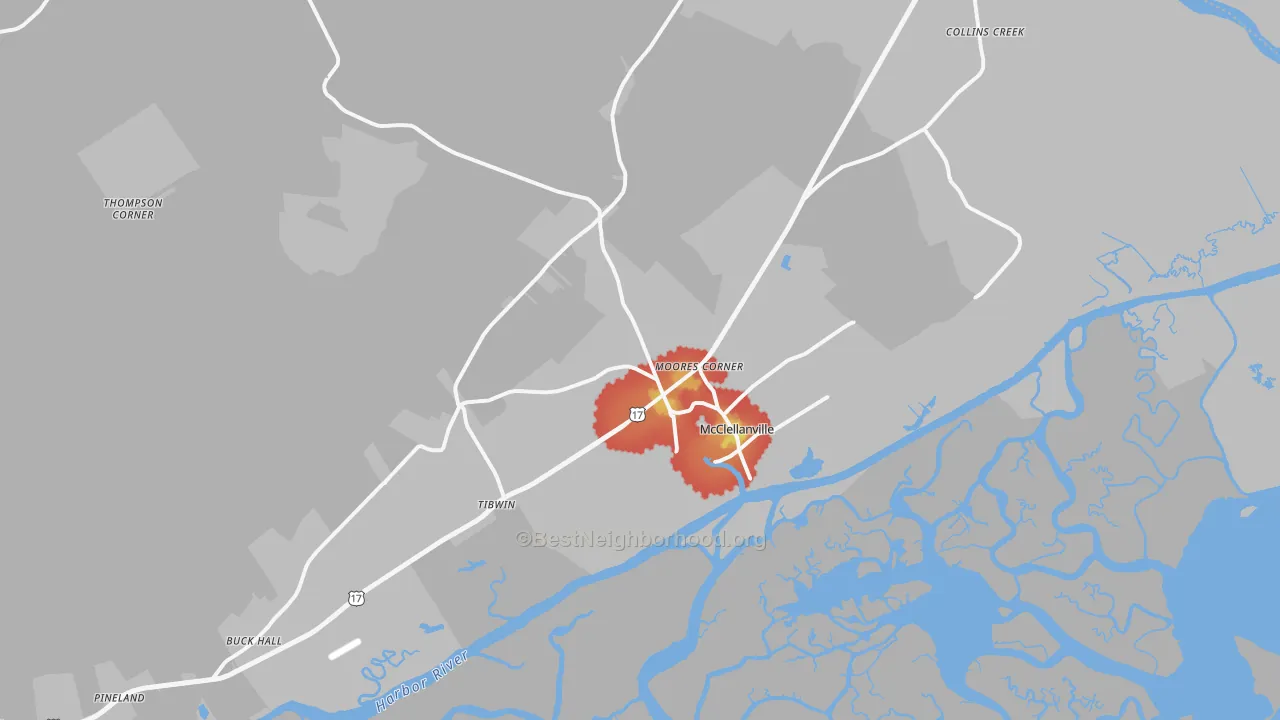 Walk Grade map of McClellanville, SC, walkable areas in green and car-dependent areas in red