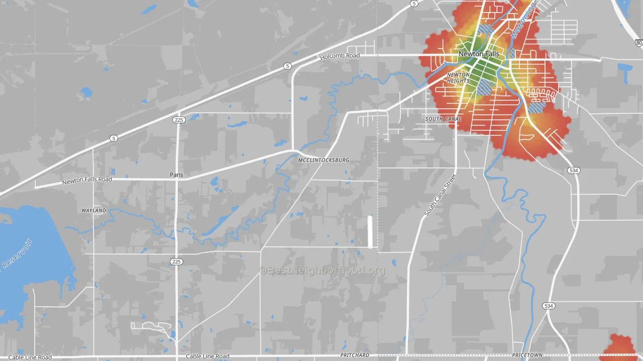 Walk Grade map of McClintocksburg, OH, walkable areas in green and car-dependent areas in red