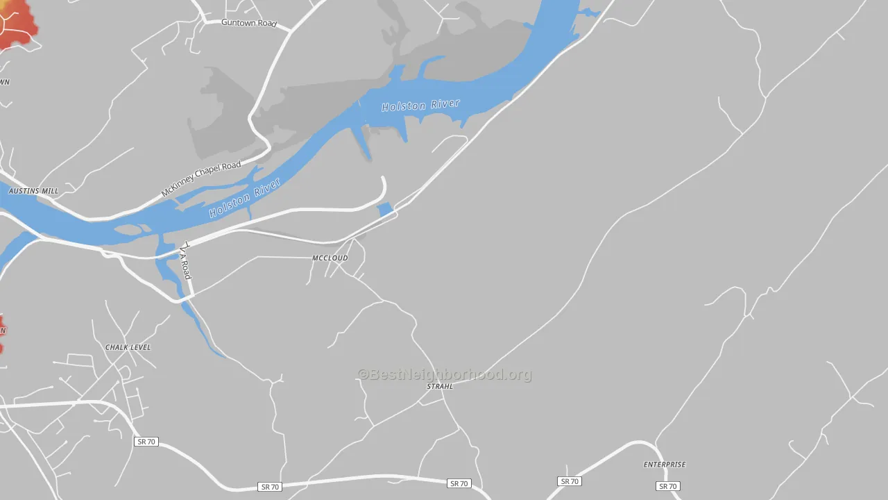 Walk Grade map of McCloud, TN, walkable areas in green and car-dependent areas in red