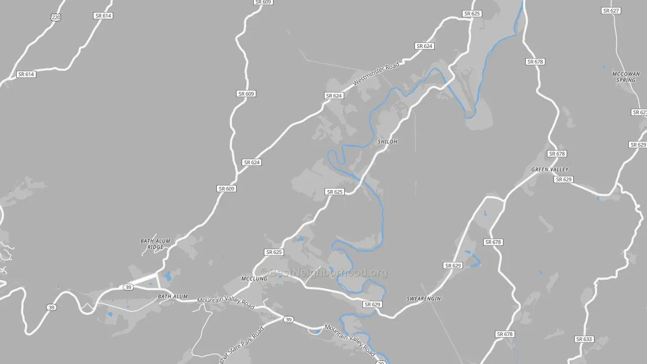 Walk Grade map of McClung, VA, walkable areas in green and car-dependent areas in red