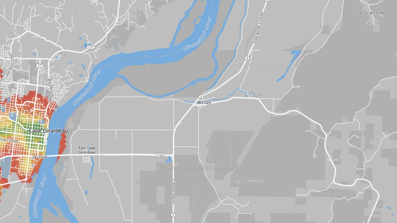Walk Grade map of McClure, IL, walkable areas in green and car-dependent areas in red