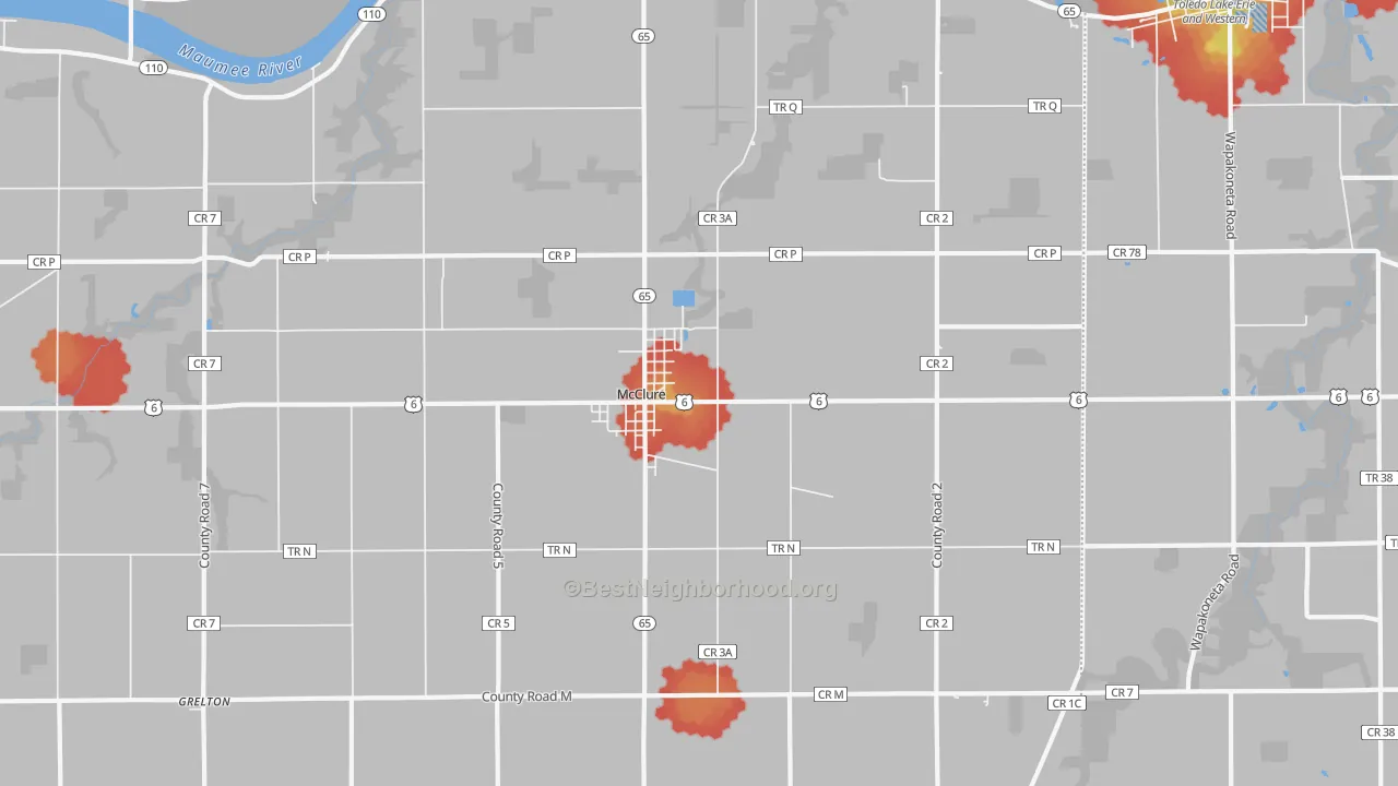 Walk Grade map of McClure, OH, walkable areas in green and car-dependent areas in red