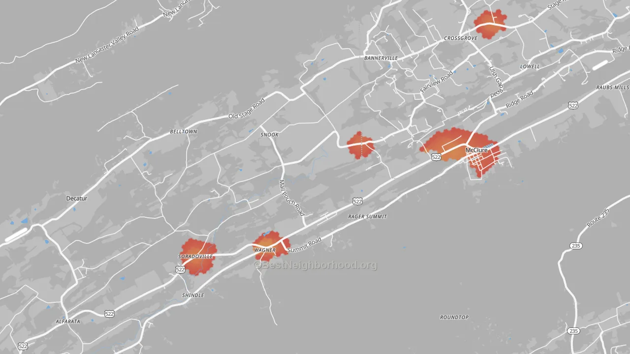 Walk Grade map of McClure, PA, walkable areas in green and car-dependent areas in red