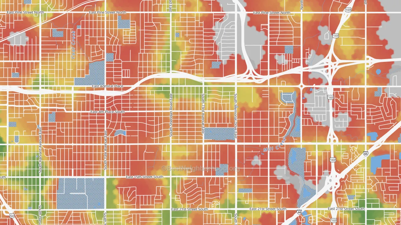 Walk Grade map of McClure Park, Tulsa, OK, walkable areas in green and car-dependent areas in red