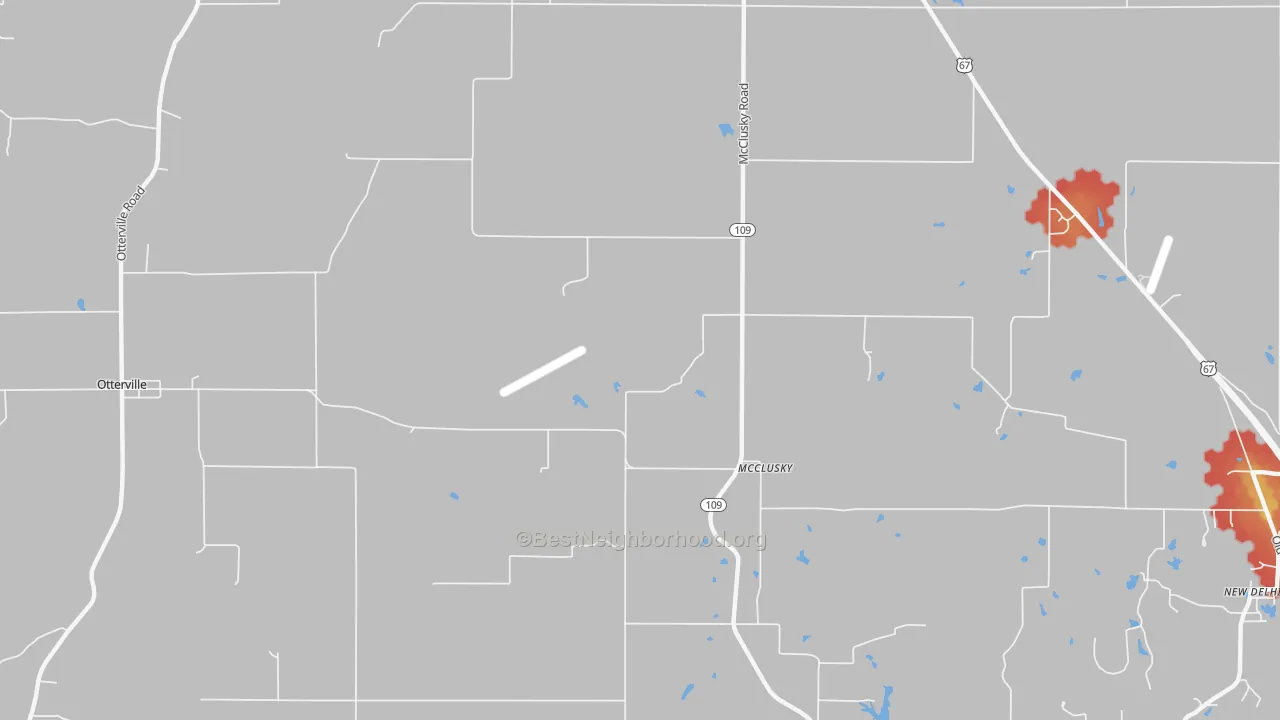 Walk Grade map of McClusky, IL, walkable areas in green and car-dependent areas in red