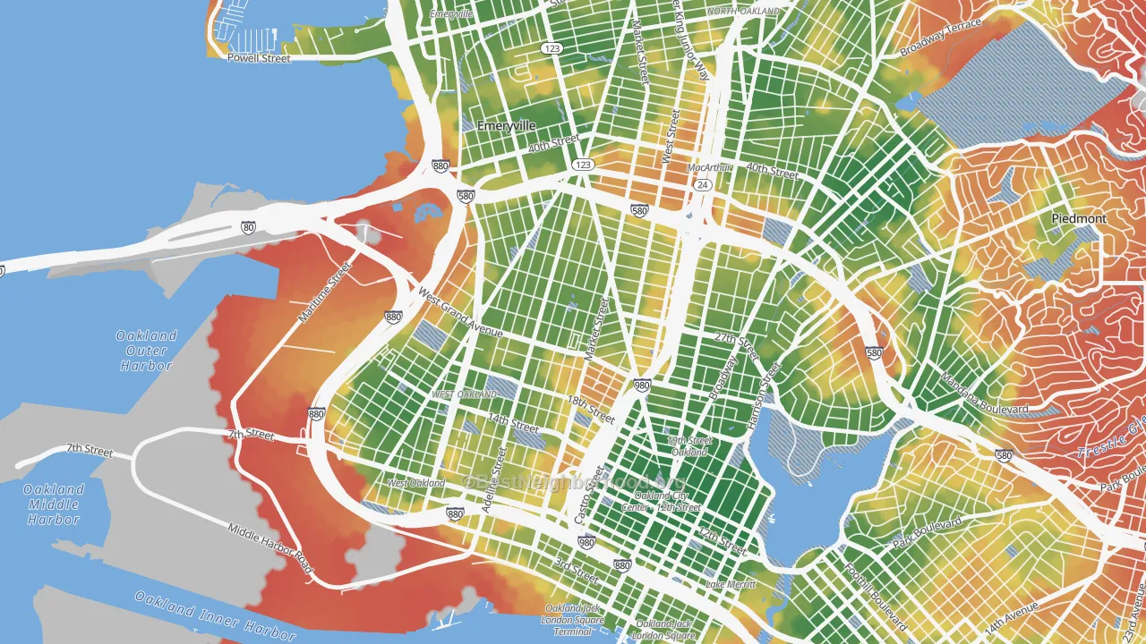 Walk Grade map of McClymonds, Oakland, CA, walkable areas in green and car-dependent areas in red