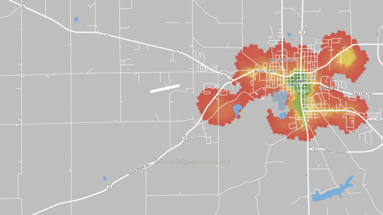 Walk Grade map of McCol Place, IN, walkable areas in green and car-dependent areas in red